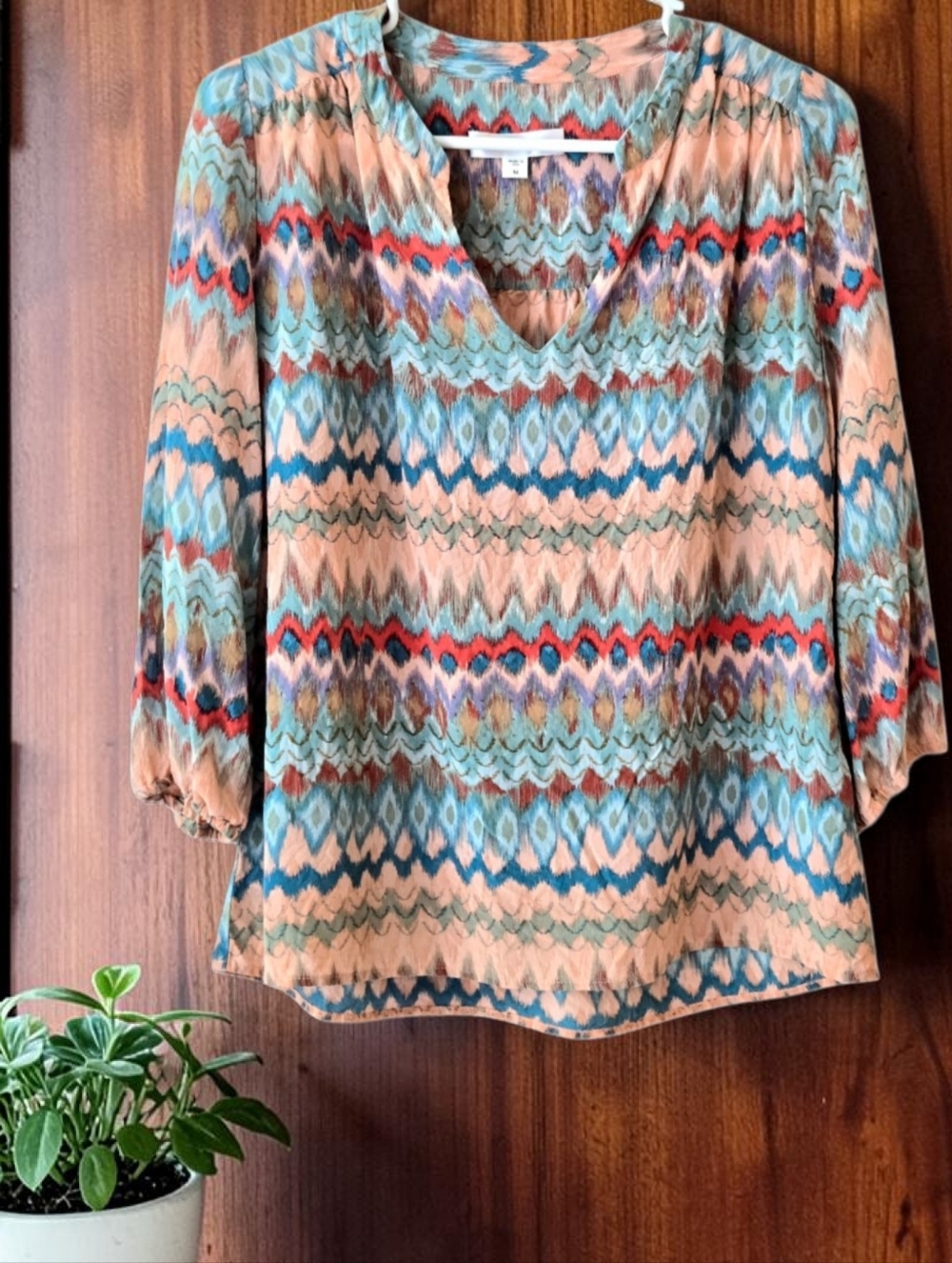 Amour Vert Silk Top Gazelle Abstract Print Blouse Sz M Sustainable Boho Chic